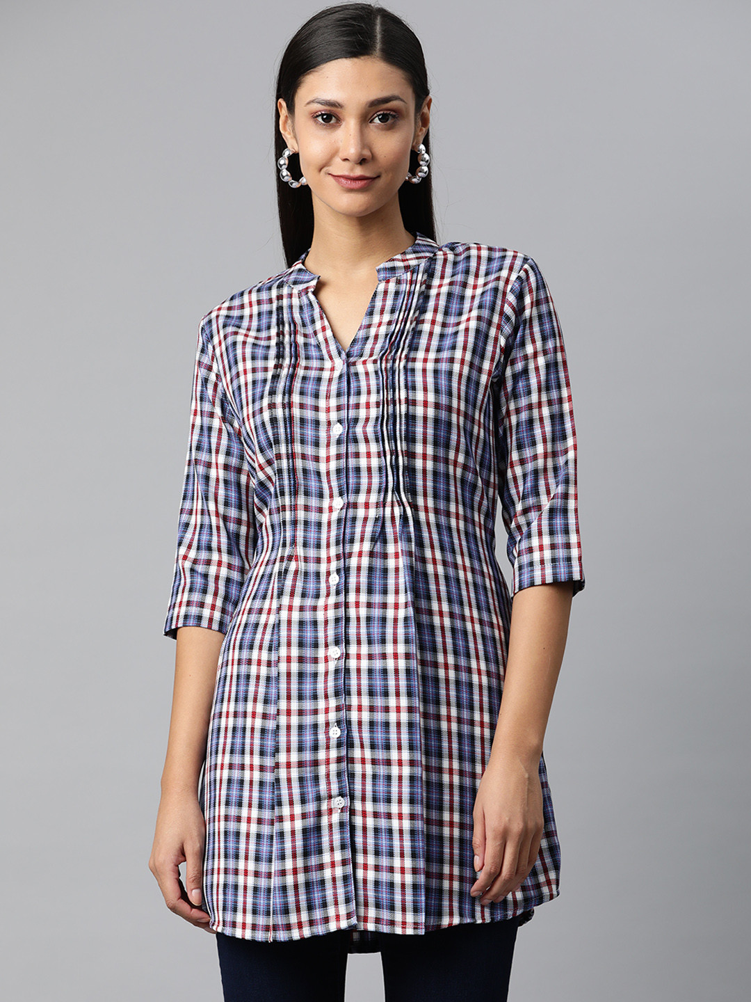 One Femme Blue & Red Mandarin Collar Checked Tunic