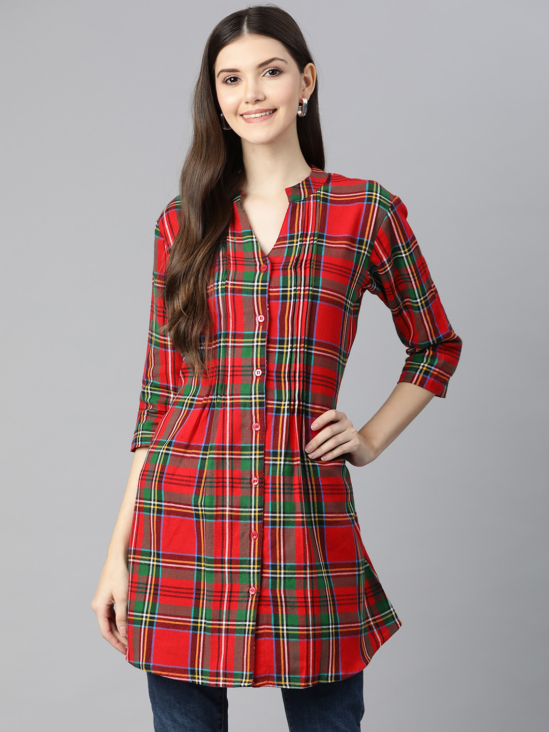 One Femme Red Mandarin Collar Checked Tunic