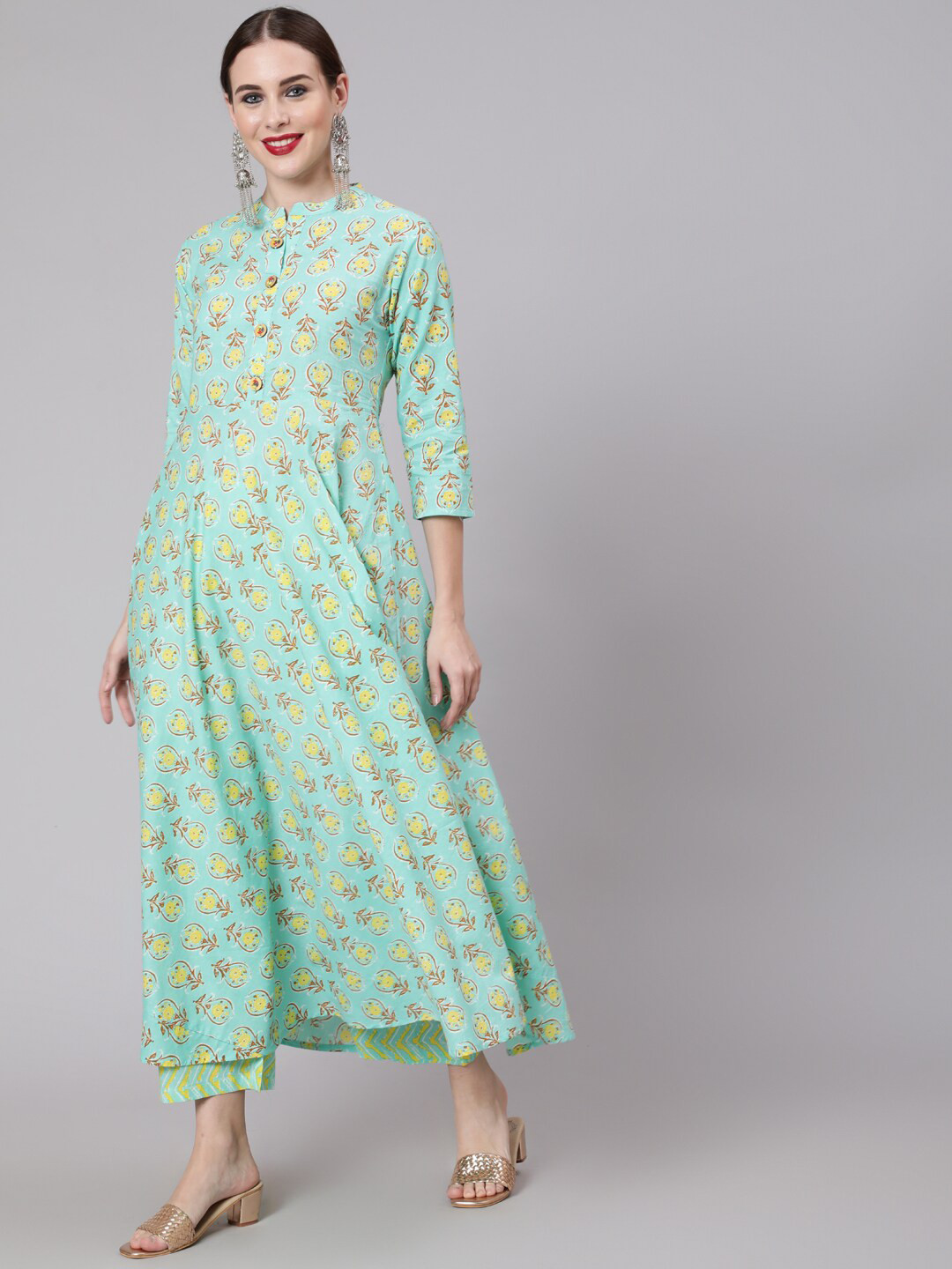 GLAM ROOTS Women Green Printed High Slit Pure Cotton Kurta with Trousers