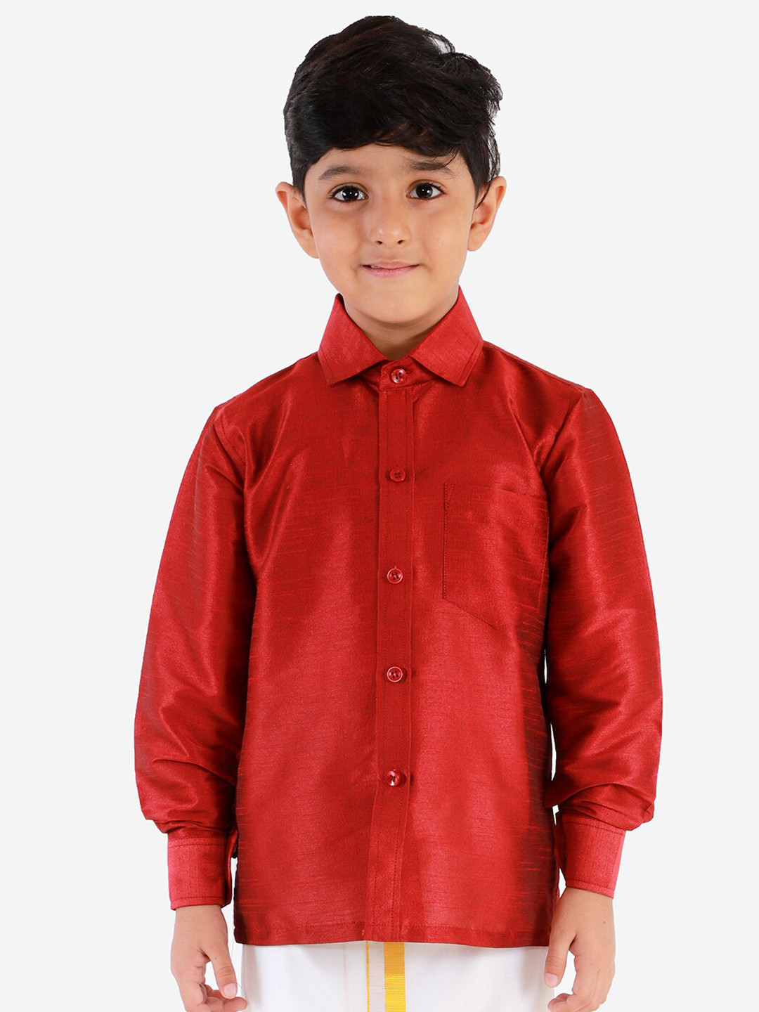 VASTRAMAY Boys Solid Maroon Premium Silk  Ethnic Shirt