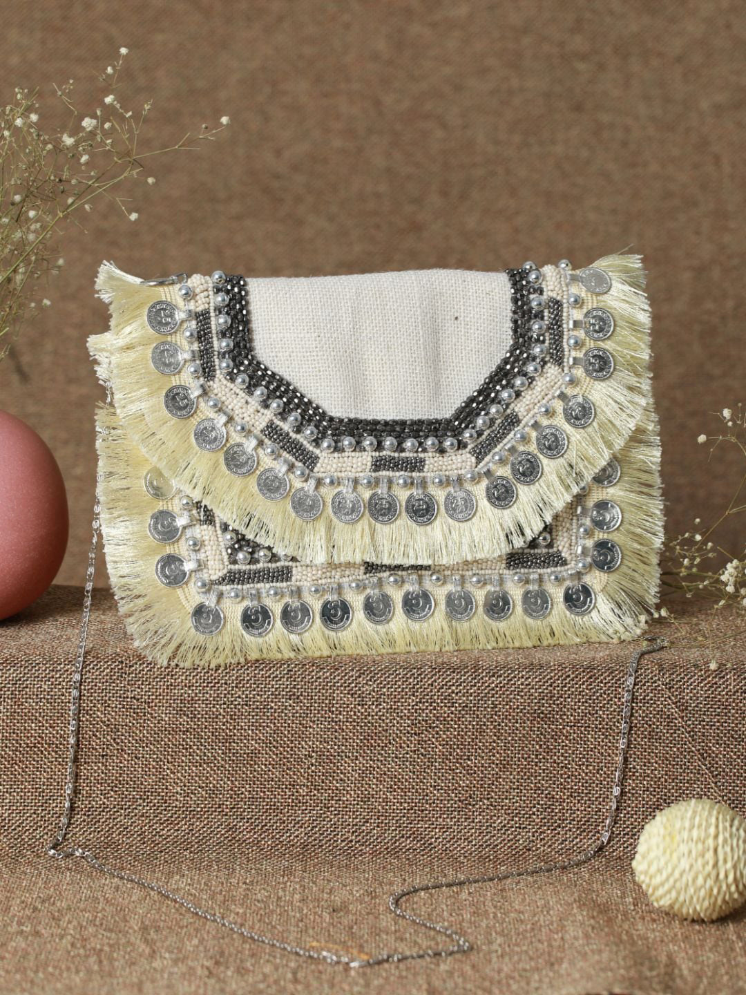 Priyaasi Beige Embellished Structured Sling Bag with Tasselled