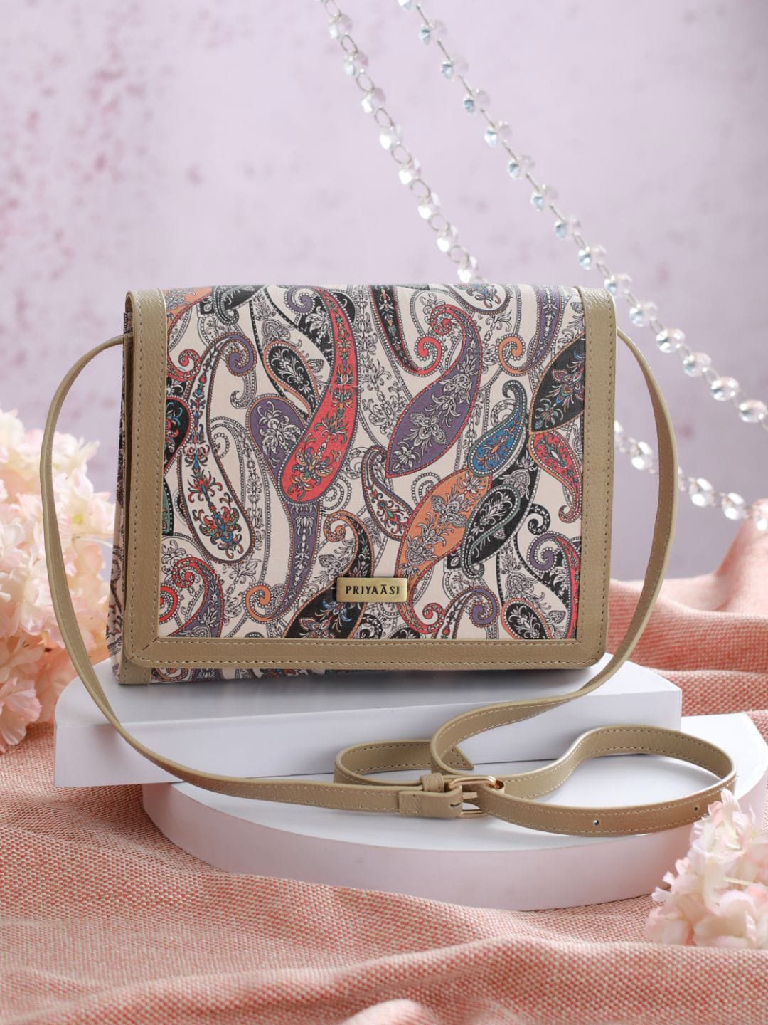 Priyaasi Beige Paisley Printed PU Shopper Sling Bag
