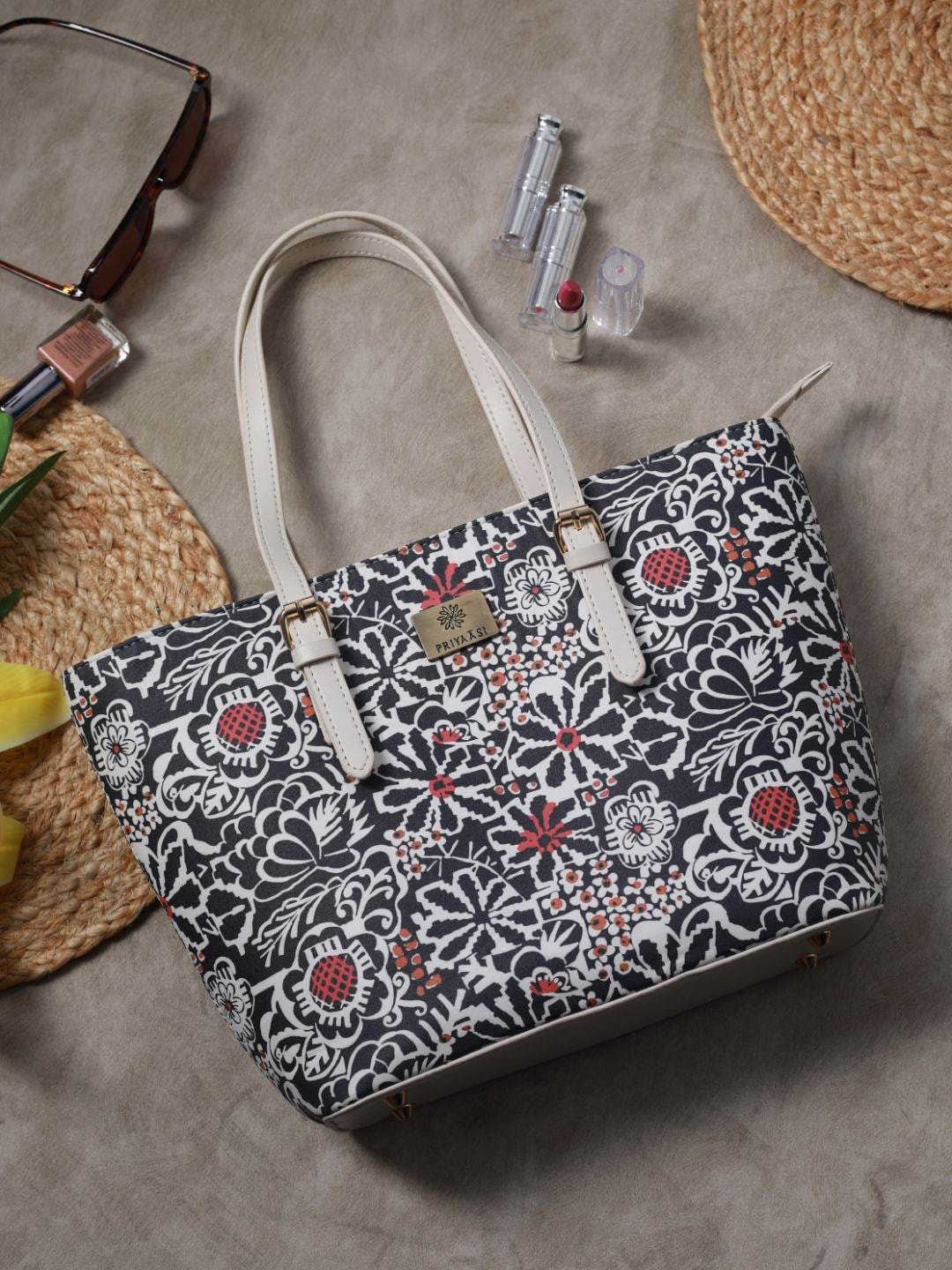 Priyaasi Black Floral PU Oversized Bucket Hobo Bag