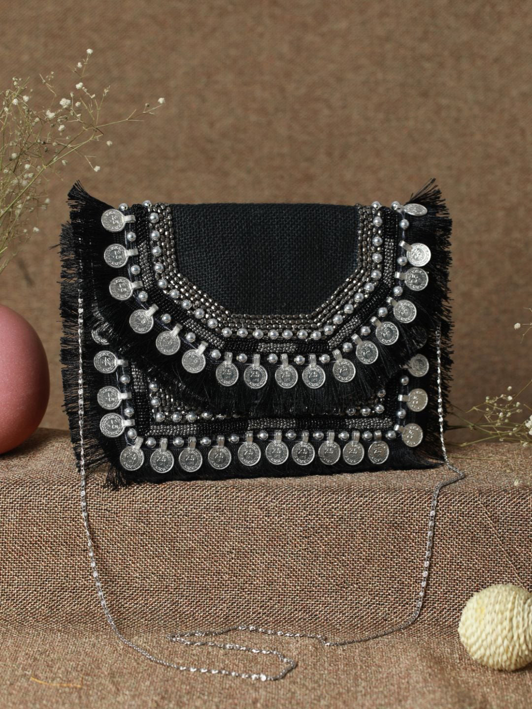 Priyaasi Black Coin Embellished Jute Clutch Bag