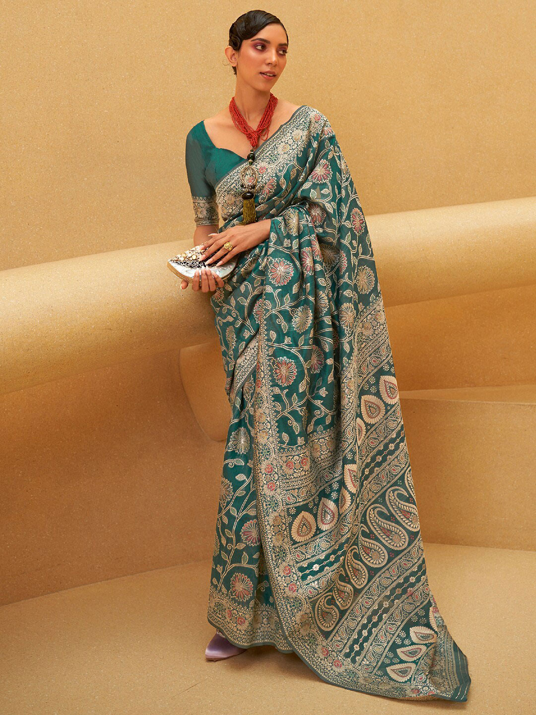 Mitera Teal & Peach-Coloured Ethnic Motifs Silk Blend Muga Saree