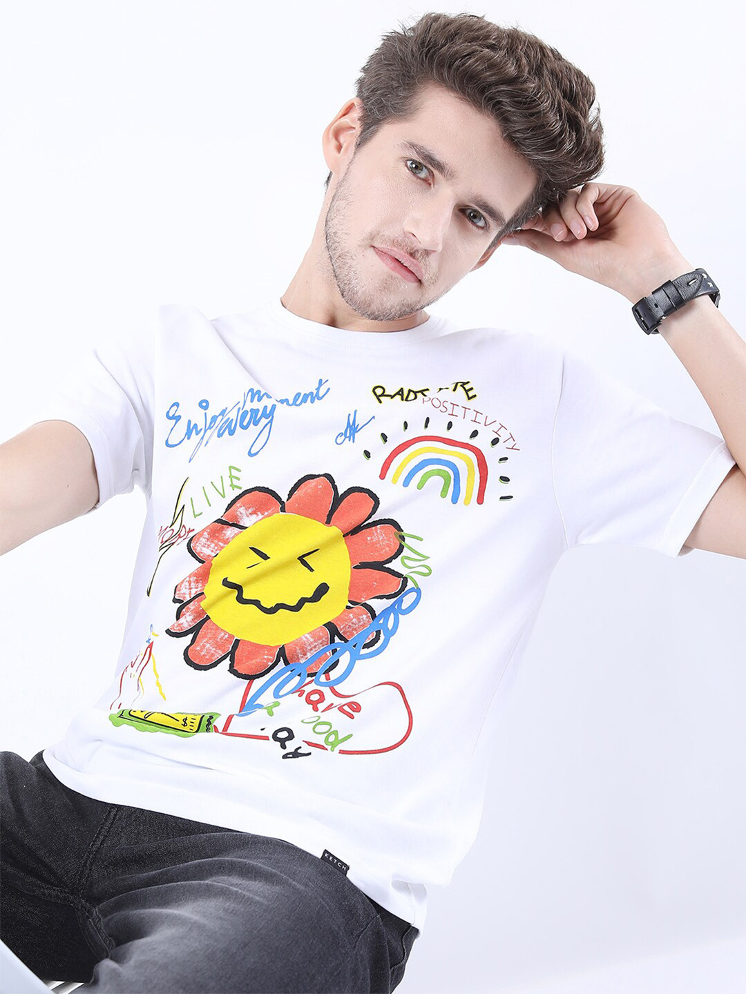 KETCH Men White Printed Slim Fit T-shirt