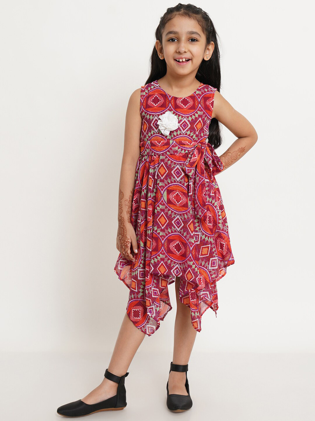 Creative Kids Maroon Ethnic Motifs Georgette Midi Dress