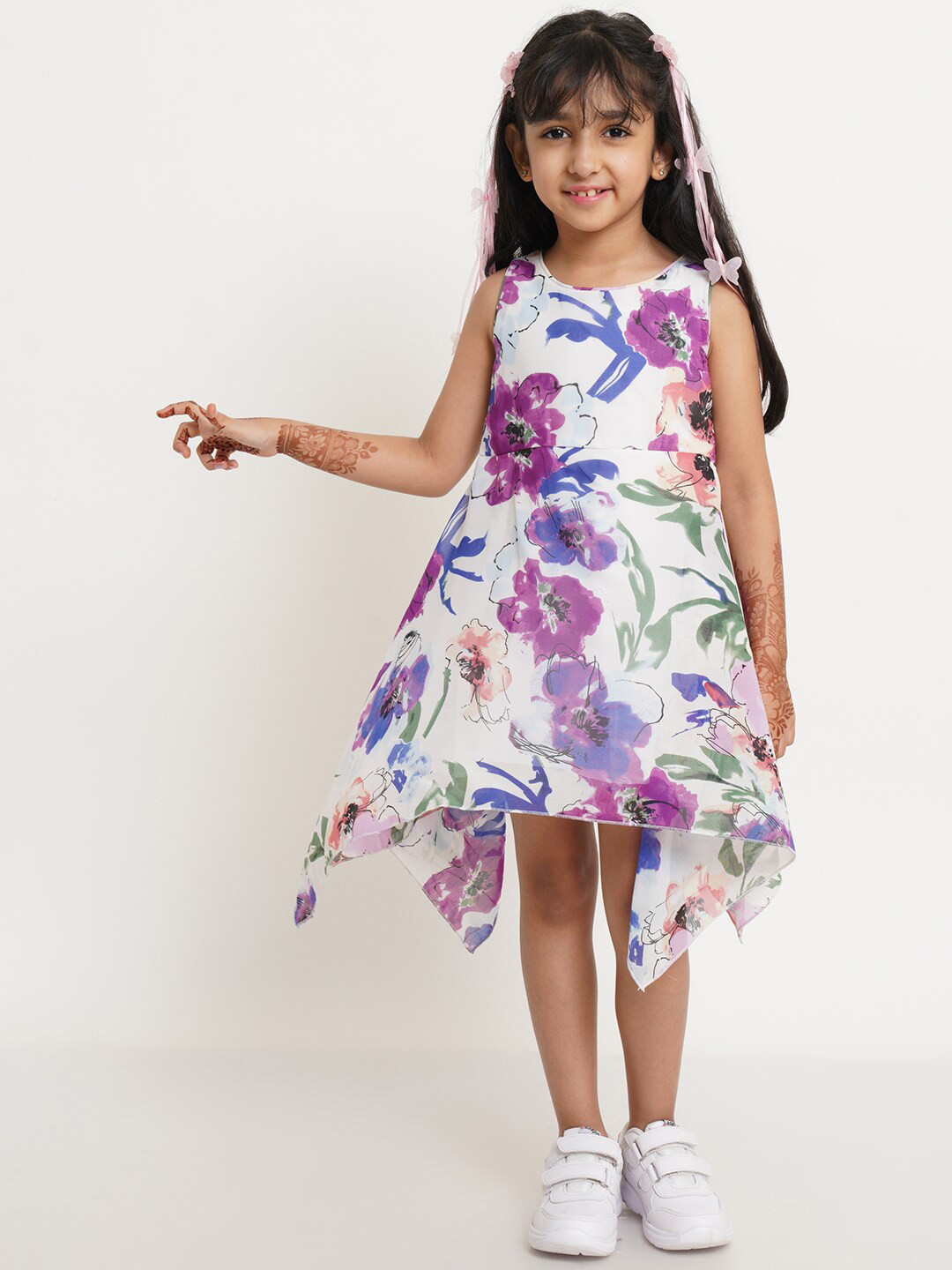Creative Kids Girls White & Purple Floral Fit and Flare Dress