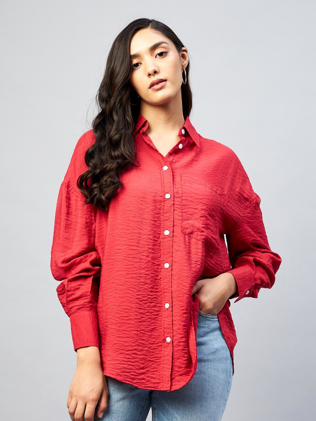 DELAN Women Red Relaxed Boxy Fit Casual Shirt