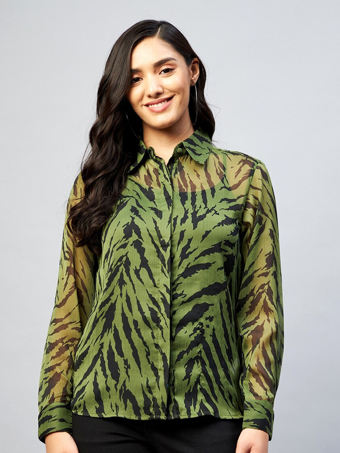 DELAN Women Green Relaxed Slim Fit Animal Sheer Printed Casual Shirt