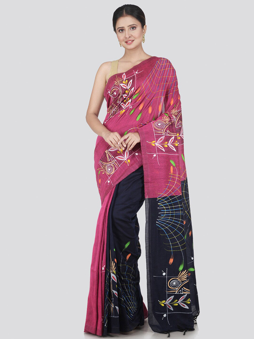 PinkLoom Pink & Black Floral Pure Cotton Saree