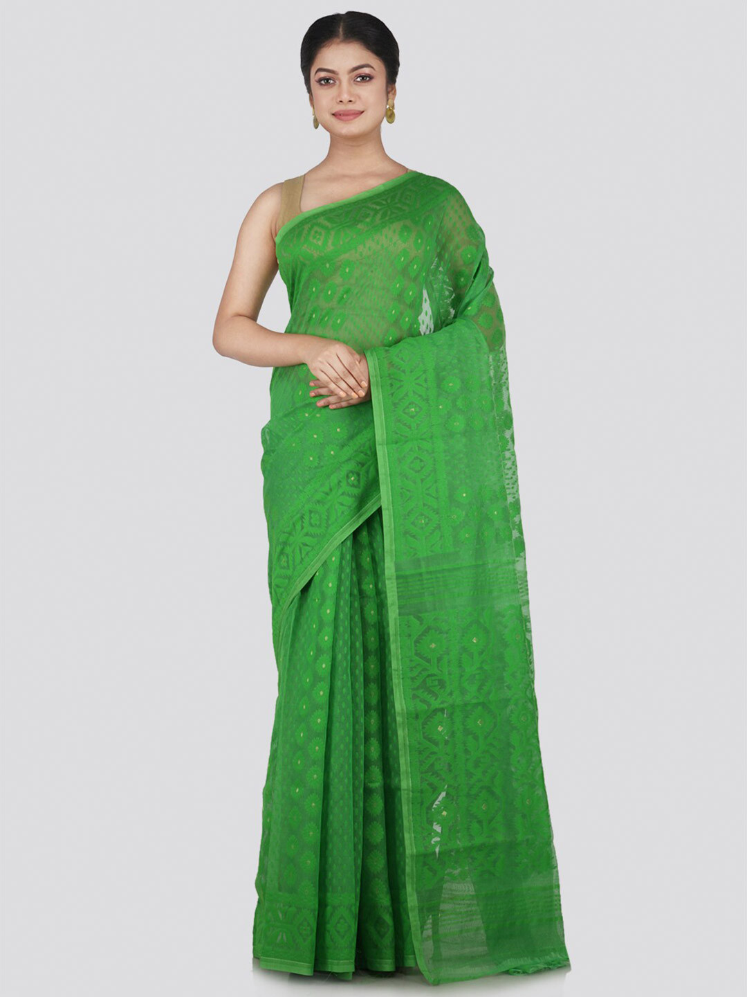PinkLoom Green Floral Jamdani Saree