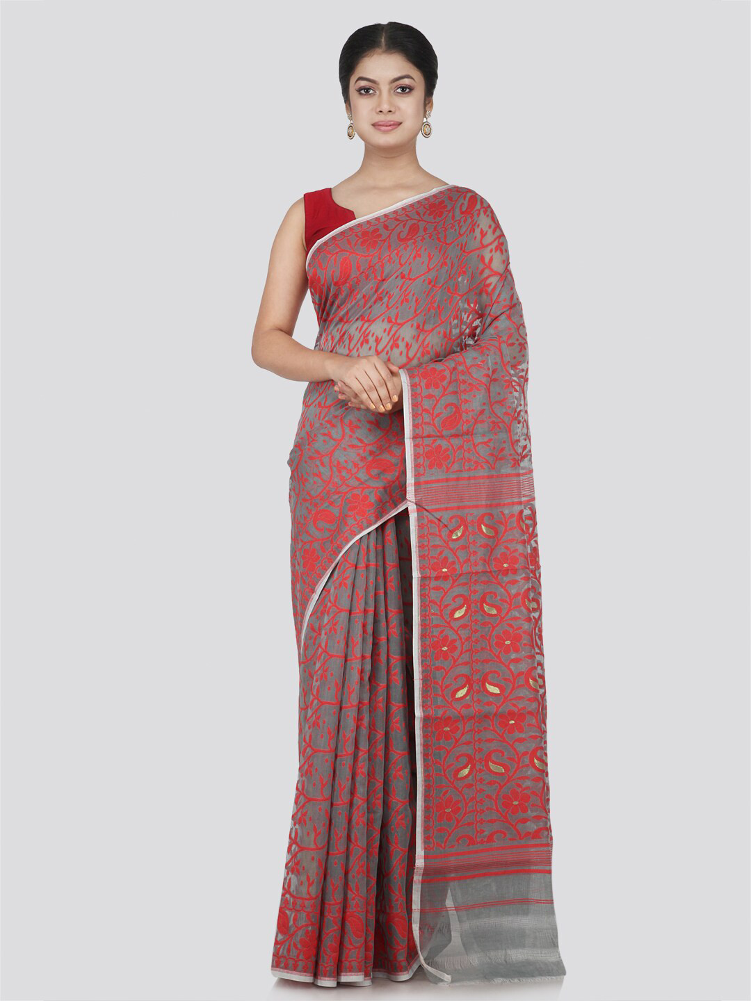 PinkLoom Grey & Red Woven Design Pure Cotton Jamdani Saree