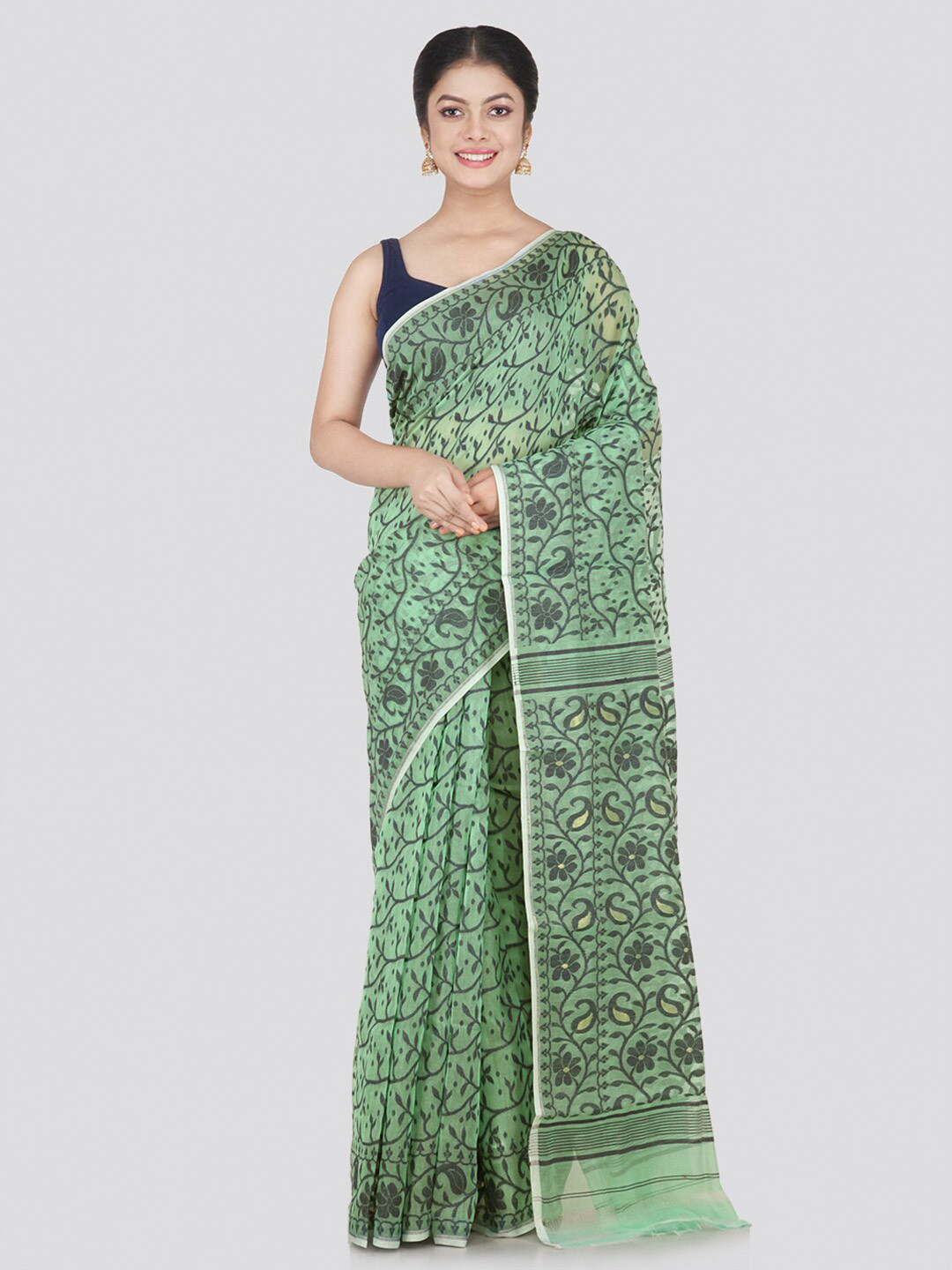 PinkLoom Sea Green Woven Design Pure Cotton Jamdani Saree