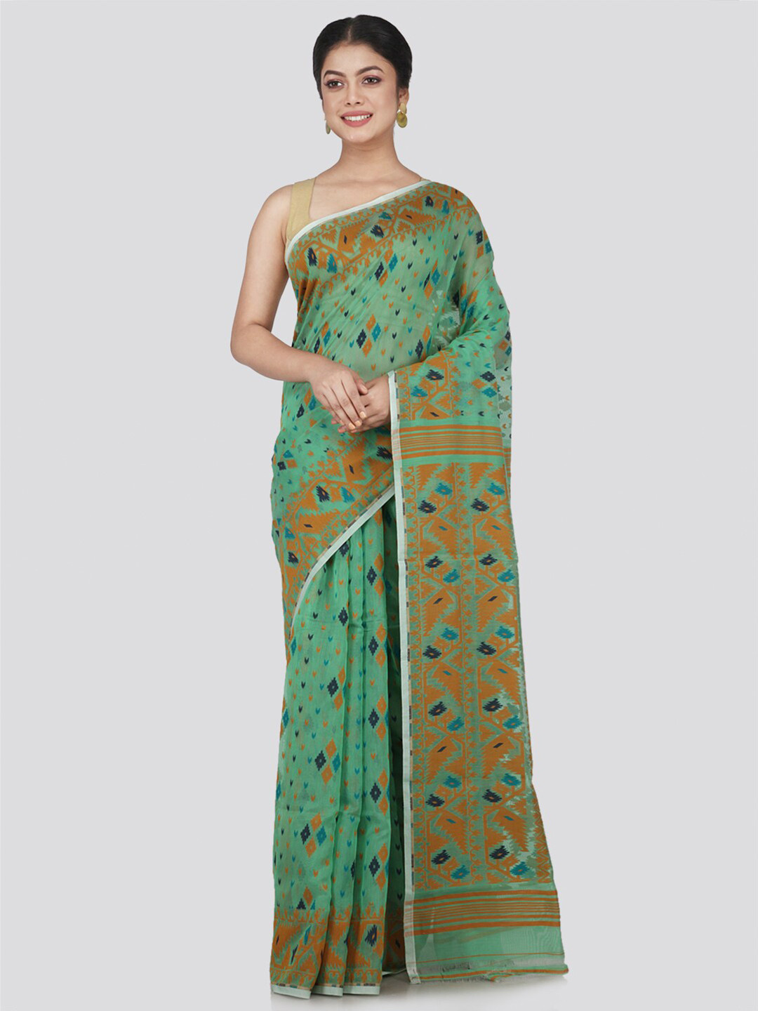 PinkLoom Green & Lavender Woven Design Pure Cotton Jamdani Saree