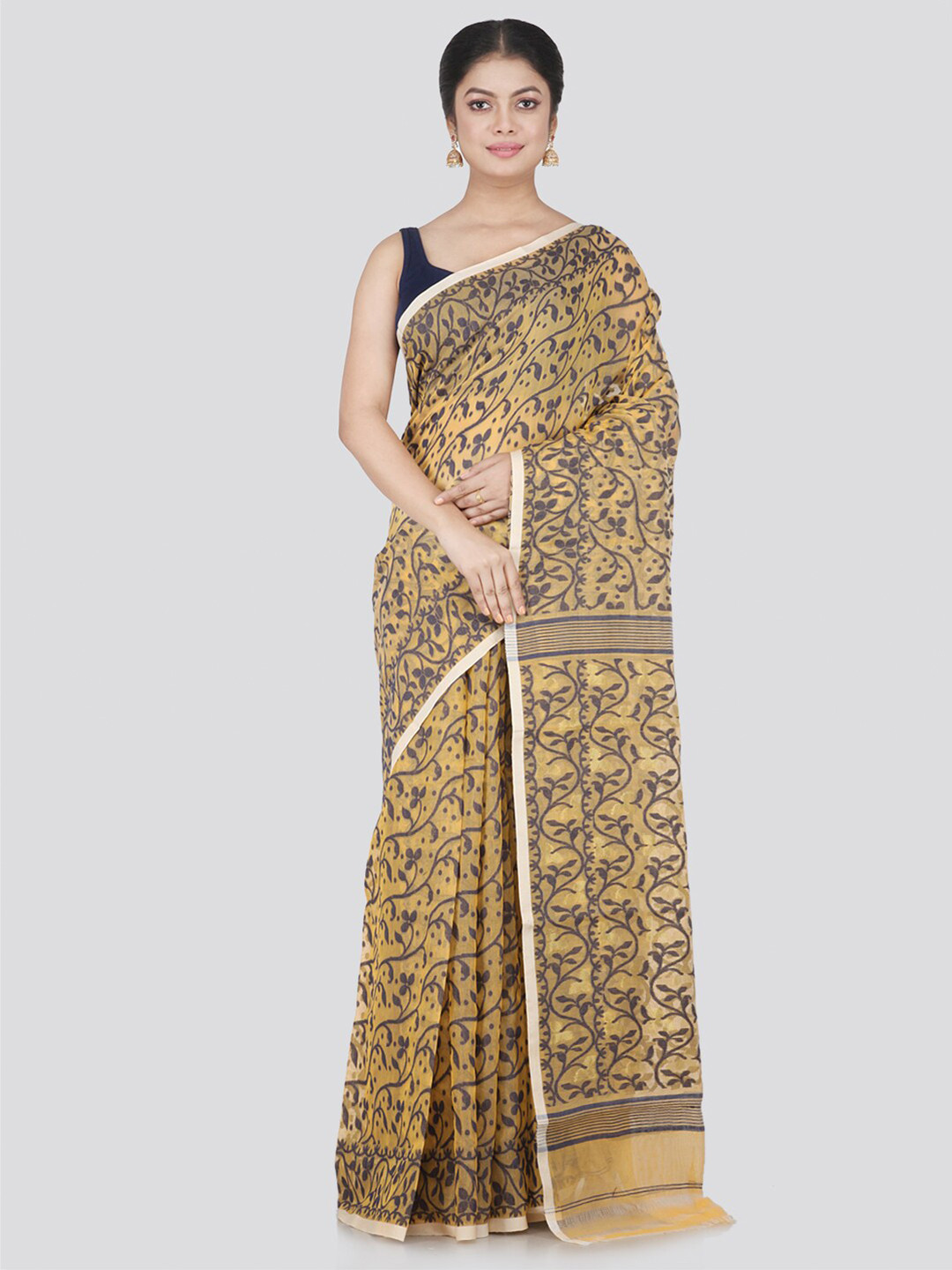 PinkLoom Yellow & Brown Woven Design Pure Cotton Jamdani Saree