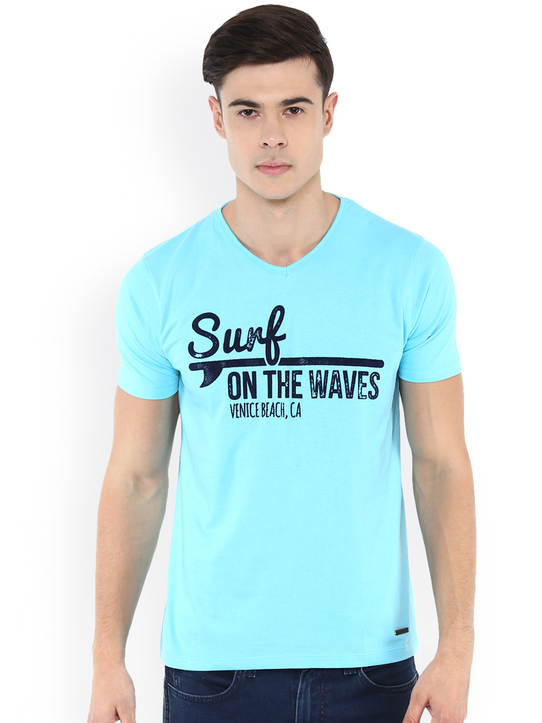 ELABORADO Men Blue Printed V-Neck T-shirt