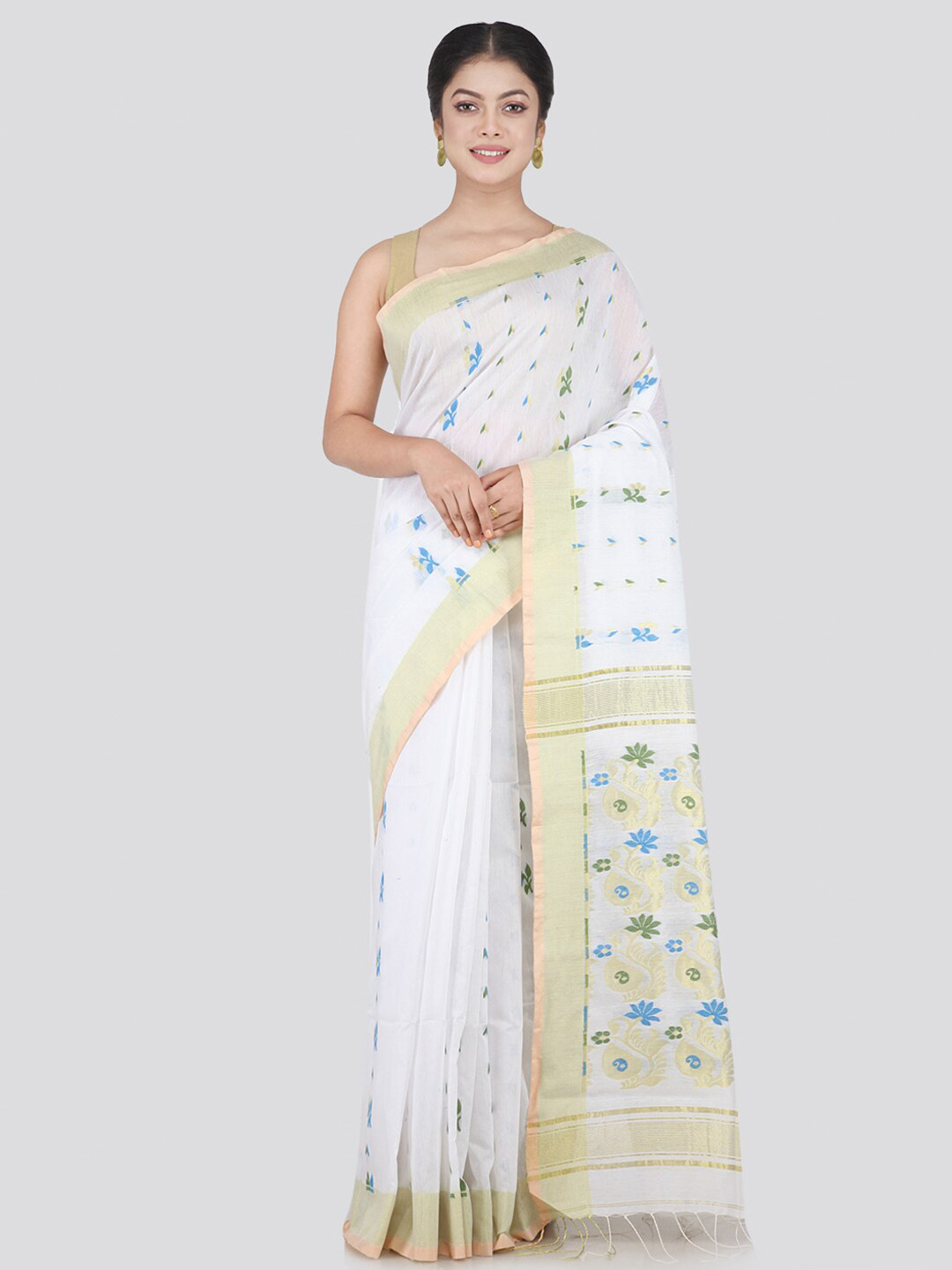 PinkLoom White & Gold-Toned Woven Design Saree