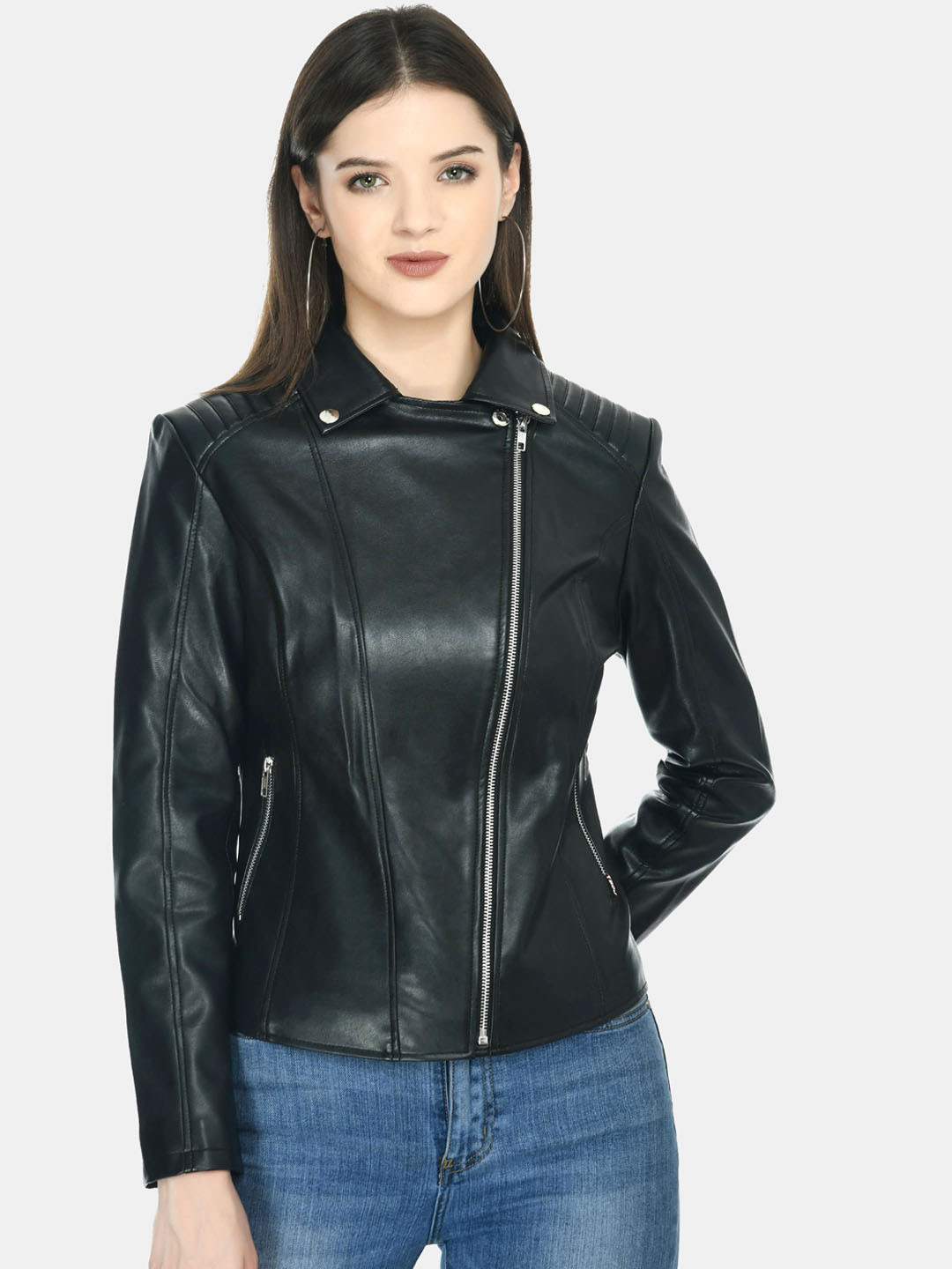 TBOJ Women Black Lightweight Crop Outdoor Biker Jacket