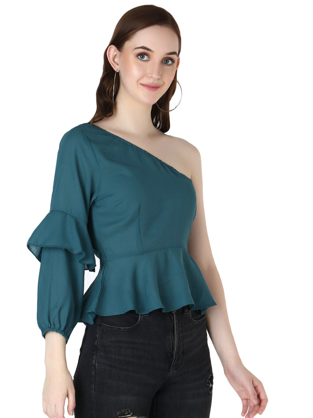 D'VESH Teal One Shoulder Ruffles Crepe Peplum Top