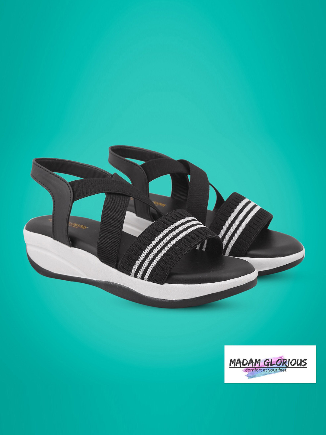 madam glorious Womens Black & White Comfort Sandals