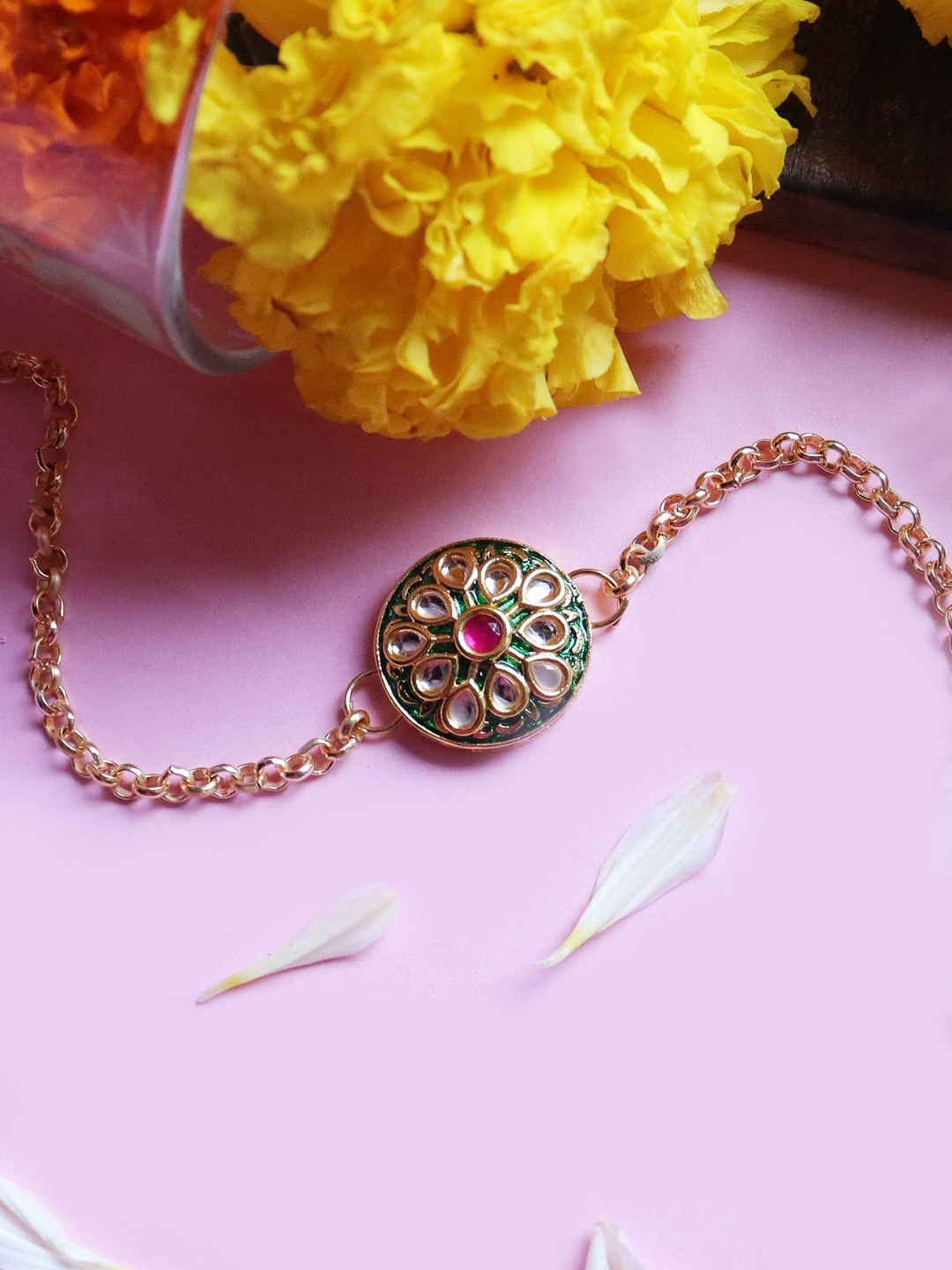 Soho Boho Studio Men Gold Toned & Emerald Green Kundan Studded & Beaded Rakhi