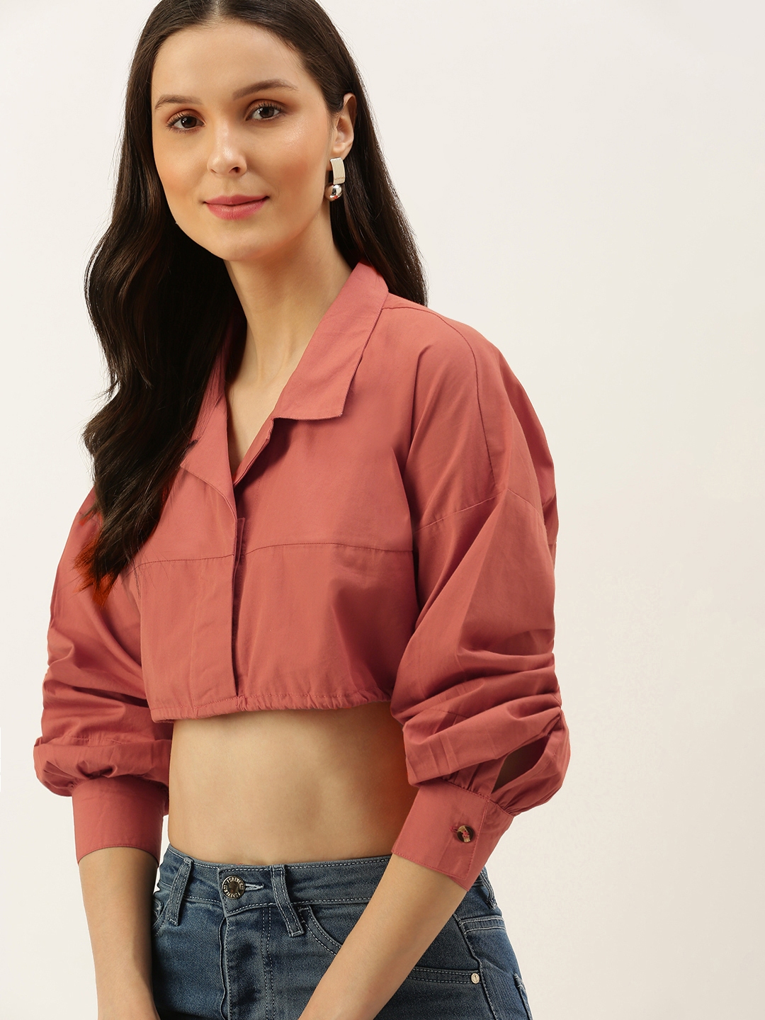FOREVER 21 Women Coral Pink Solid Shirt Style Pure Cotton Crop Top