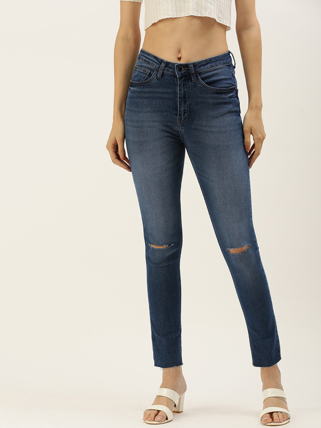 FOREVER 21 Women Blue Slash Knee Heavy Fade Stretchable Jeans