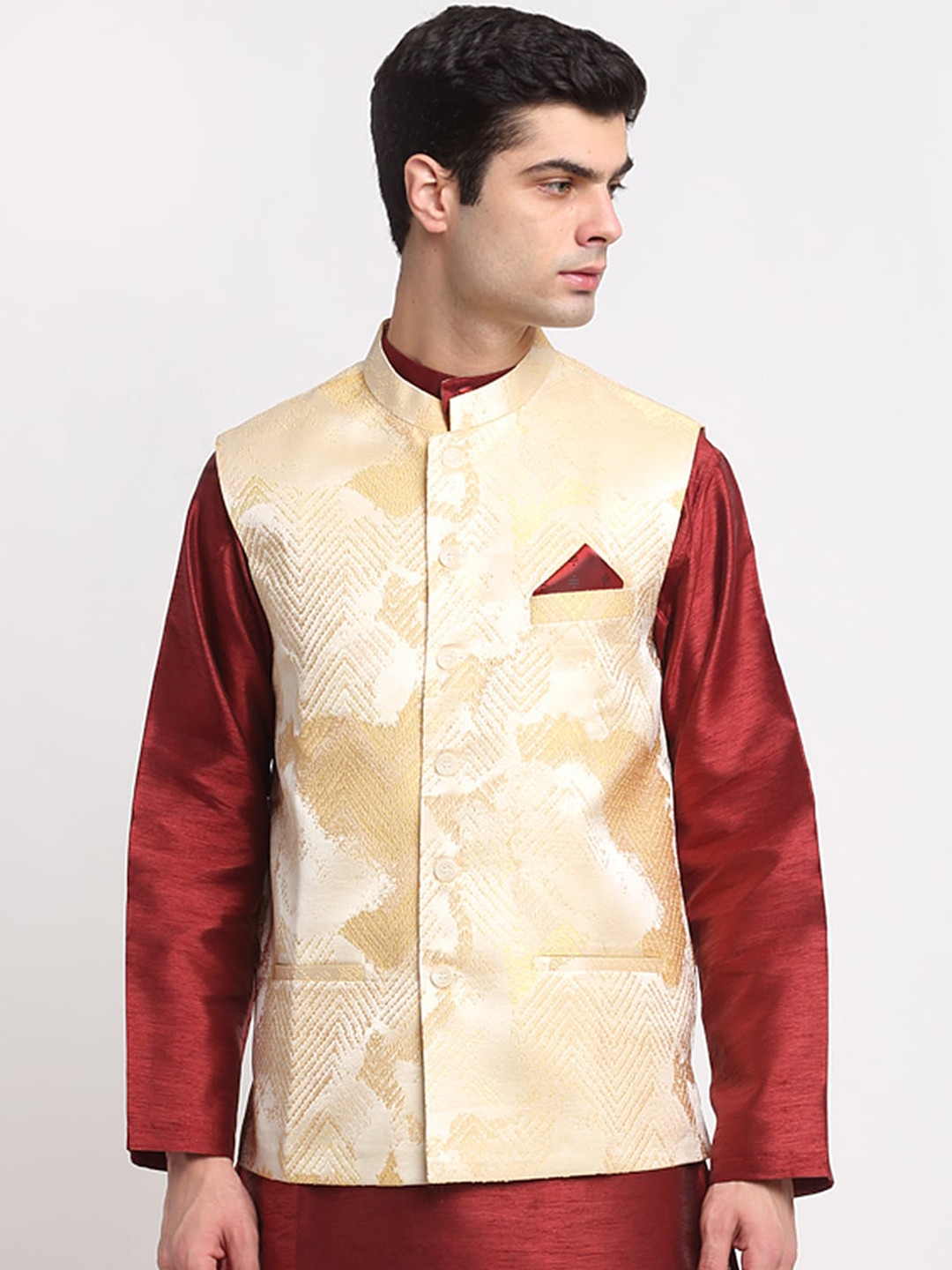 NEUDIS Men Beige Jacquard Dupion Silk Nehru Jackets