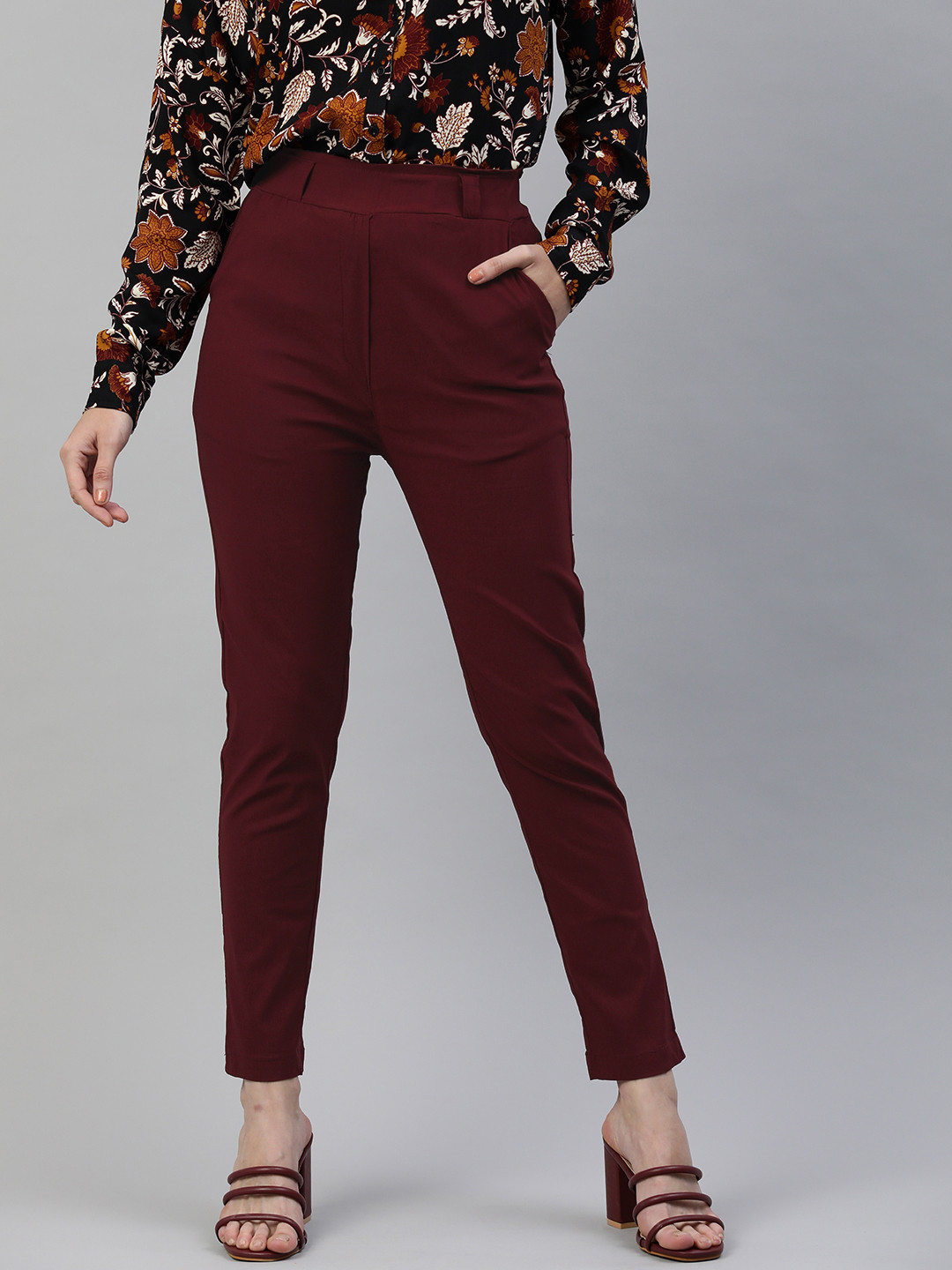 ADBUCKS Women Maroon Slim Fit High-Rise Peg Trousers
