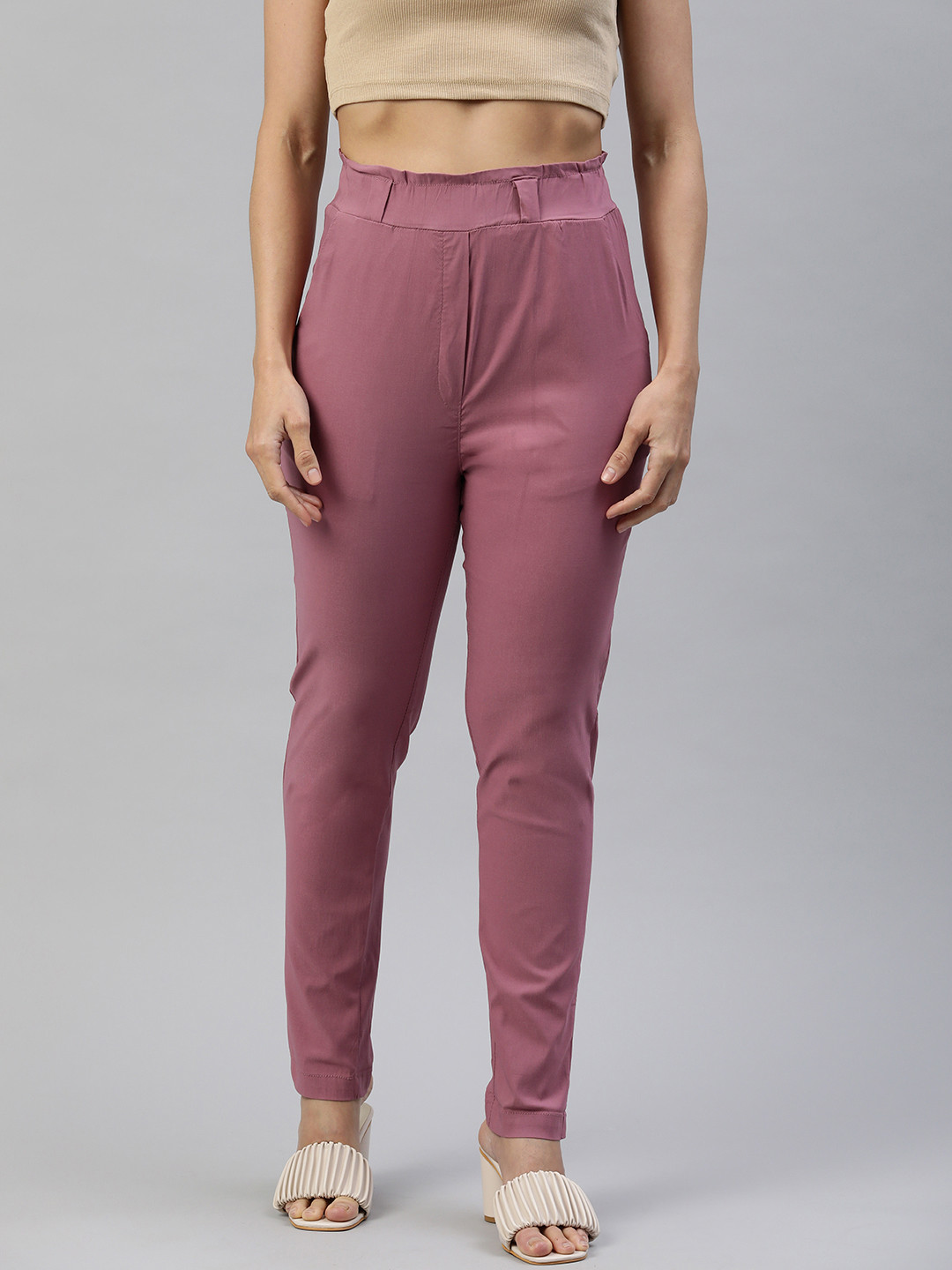 ADBUCKS Women Pink Slim Fit High-Rise Peg Trousers