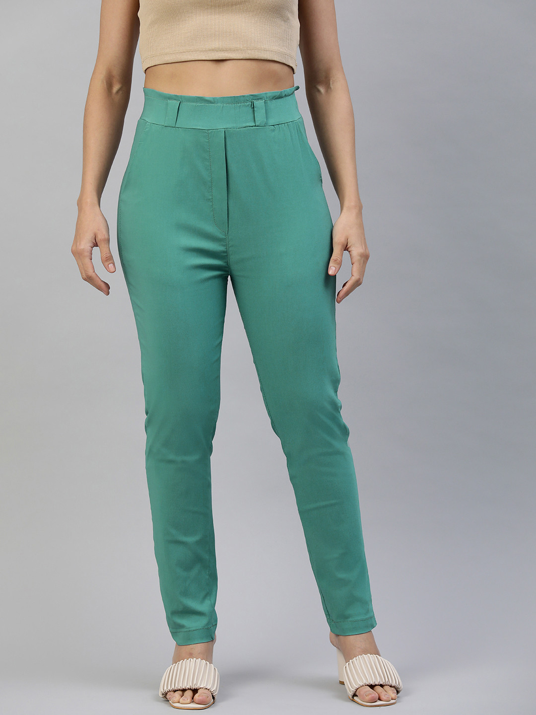 ADBUCKS Women Sea Green Straight Fit High-Rise Pleated Trousers