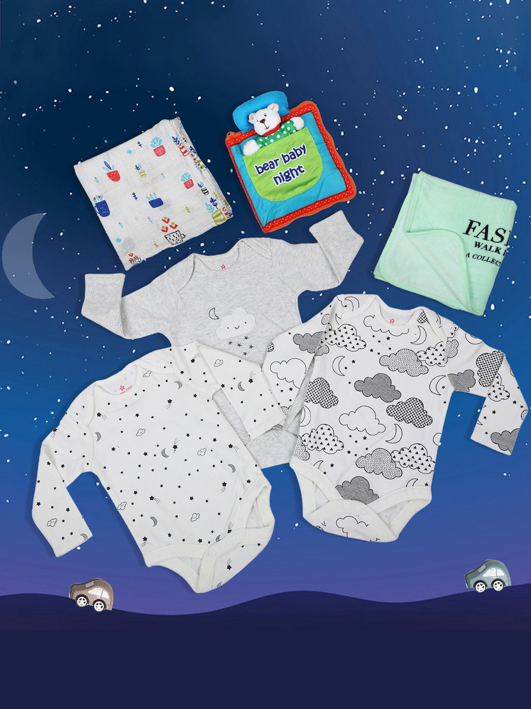Baby Moo Infant Set Of 6 White & Green Printed Pure Cotton Baby Apparel Gift Set