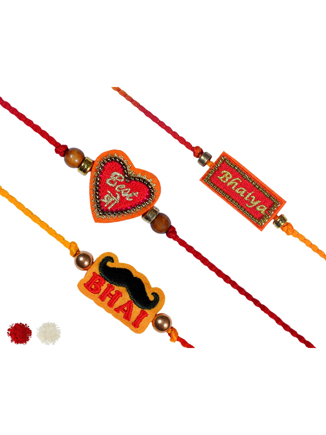 MASQ Set Of 3 Red Rakhi with Roli Chawal & Moli