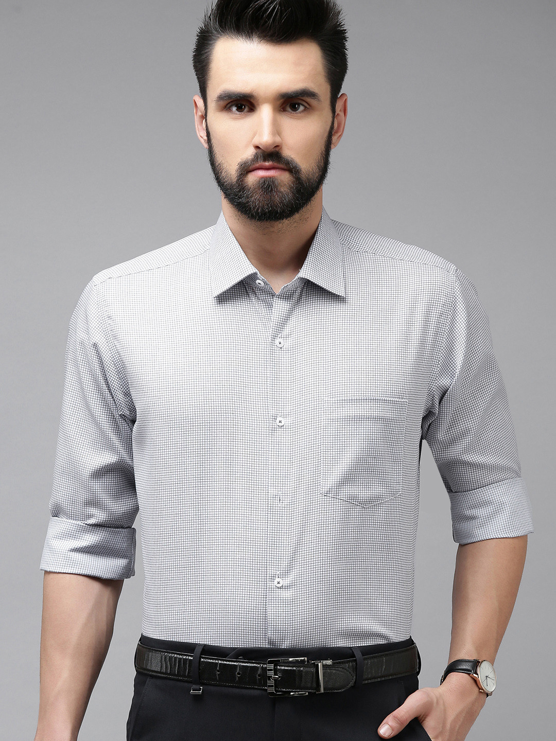 Van Heusen Men Grey Custom Fit Checked Pure Cotton Formal Shirt