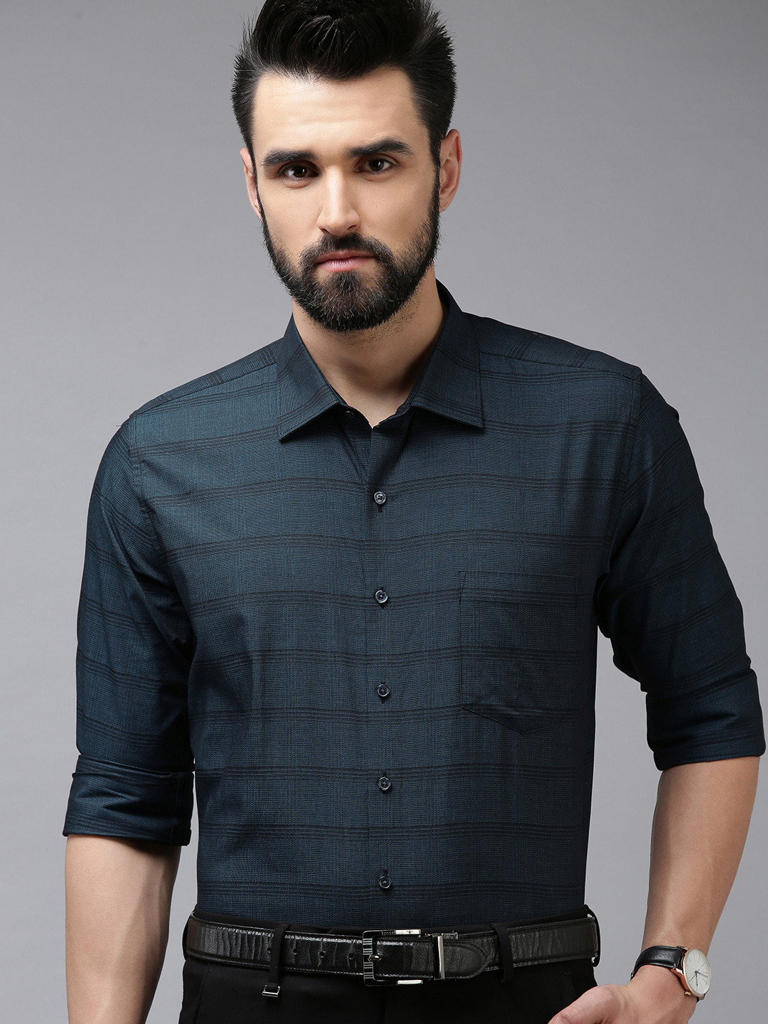 Van Heusen Men Blue Textured Custom Fit Pure Cotton Formal Shirt