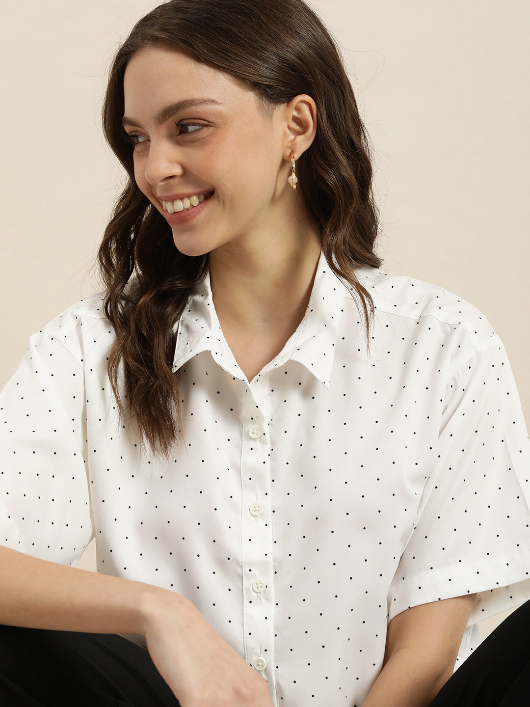 encore by INVICTUS Women White & Black Polka Dots Printed Drop-Shoulder Sleeves Shirt