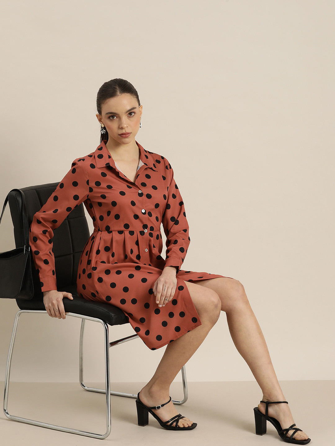 encore by INVICTUS Rust & Black Polka Dots Printed A-Line Dress