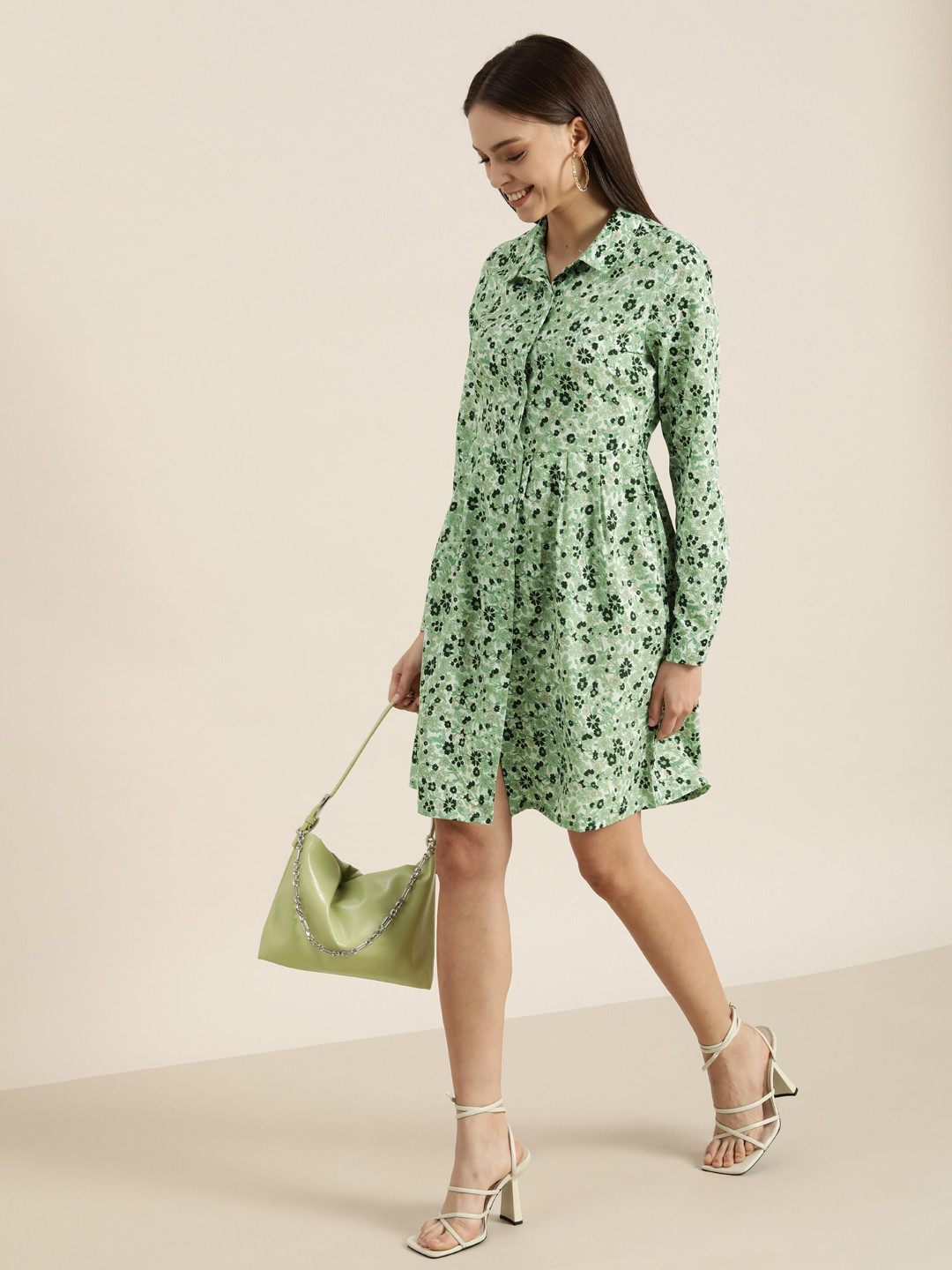 encore by INVICTUS Green and Black Floral Shirt Dress
