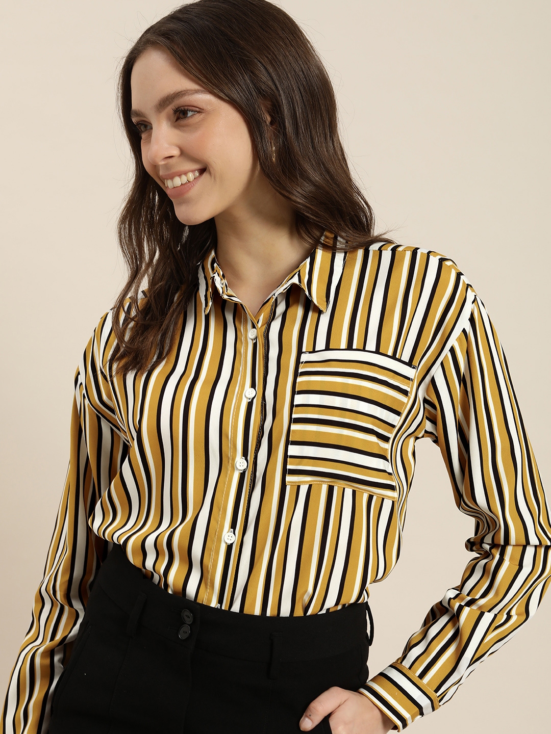 encore by INVICTUS Women White Yellow Striped Casual Shirt