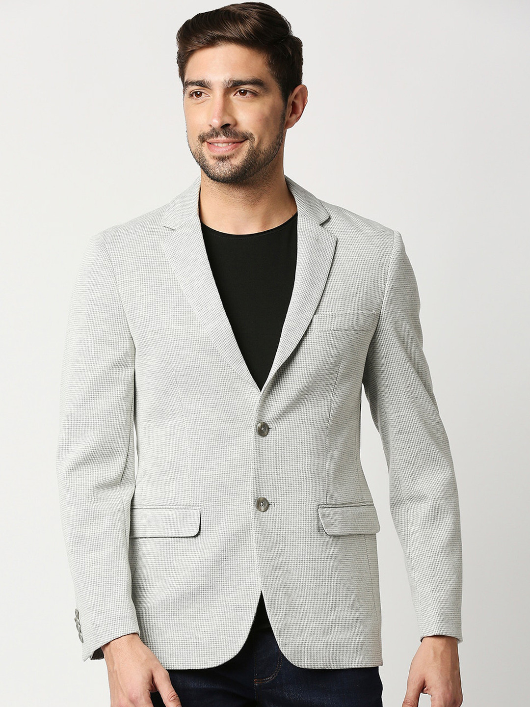 Basics Men Grey Colored Solid Single-Breasted Comfort-Fit Formal Blazer