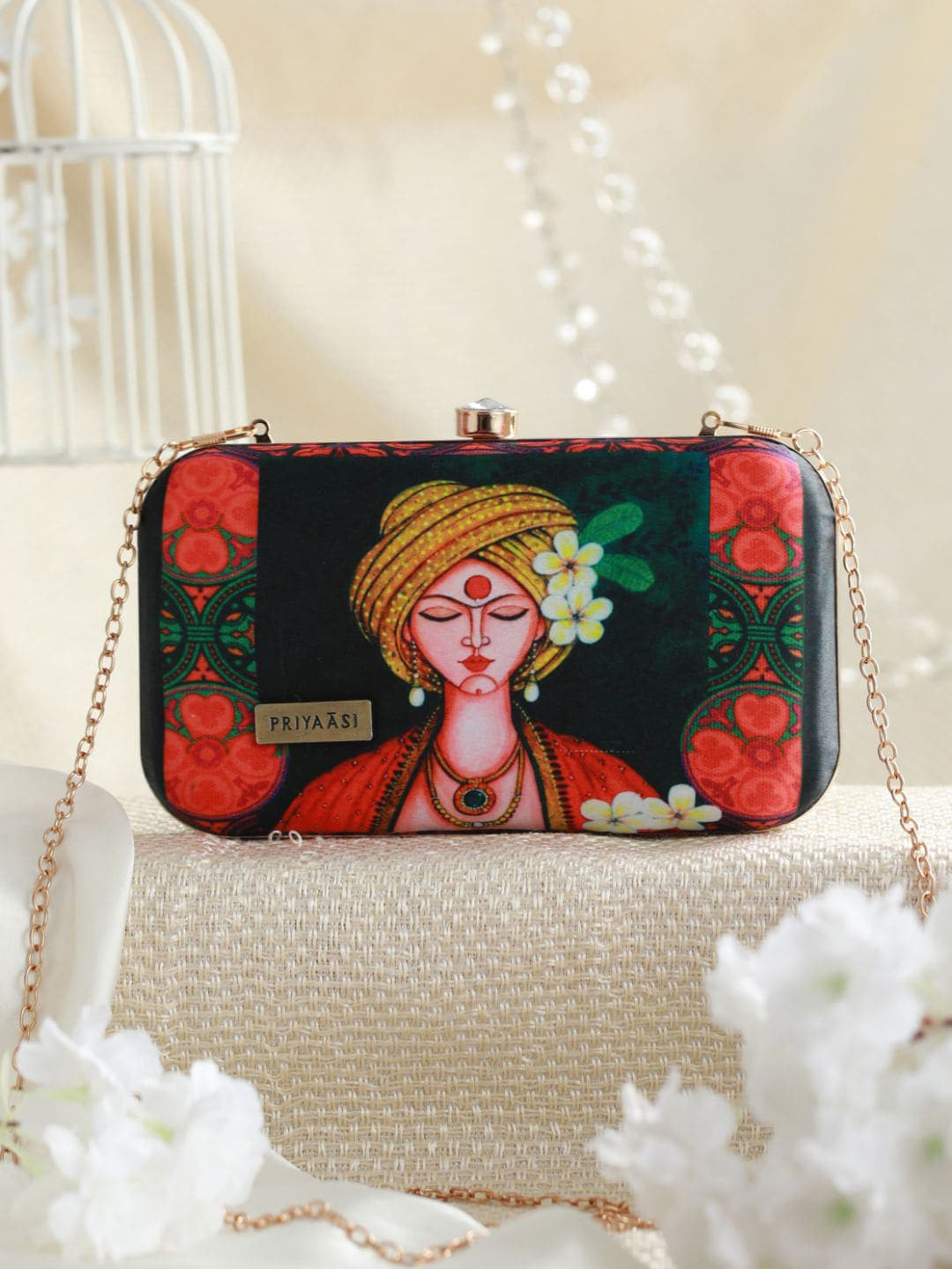 Priyaasi Green & Red Printed Box Clutch