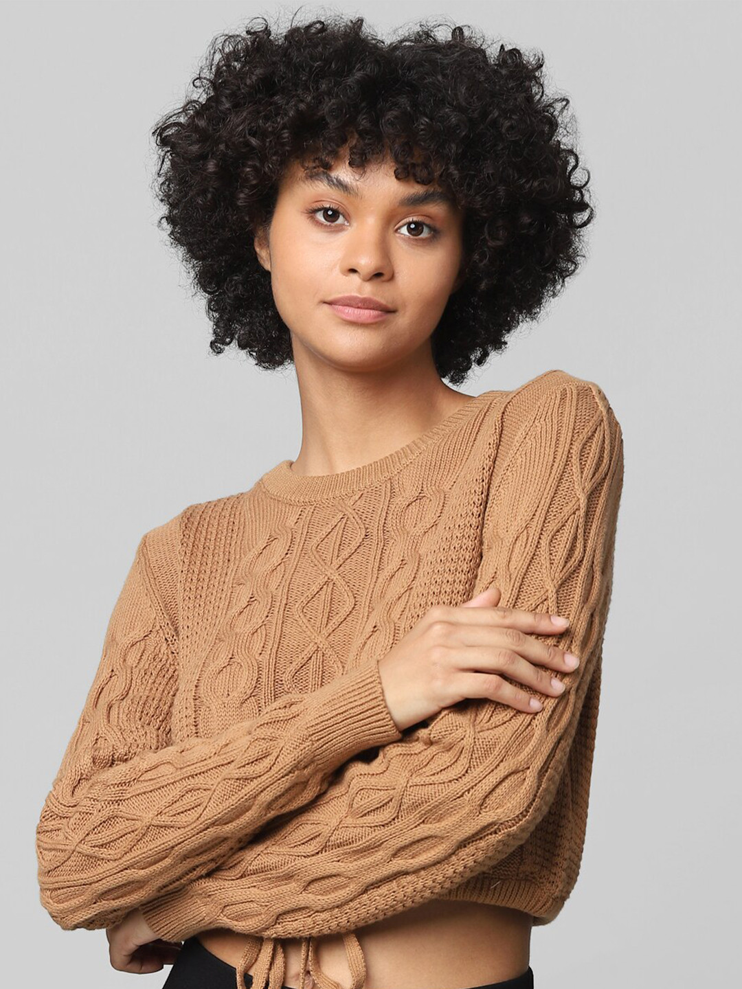 ONLY Women Brown Cable Knit Crop Pullover