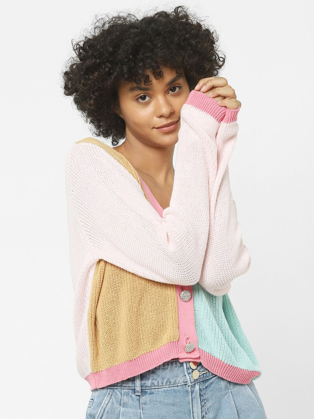 ONLY Women Pink & Blue Colourblocked Cardigan