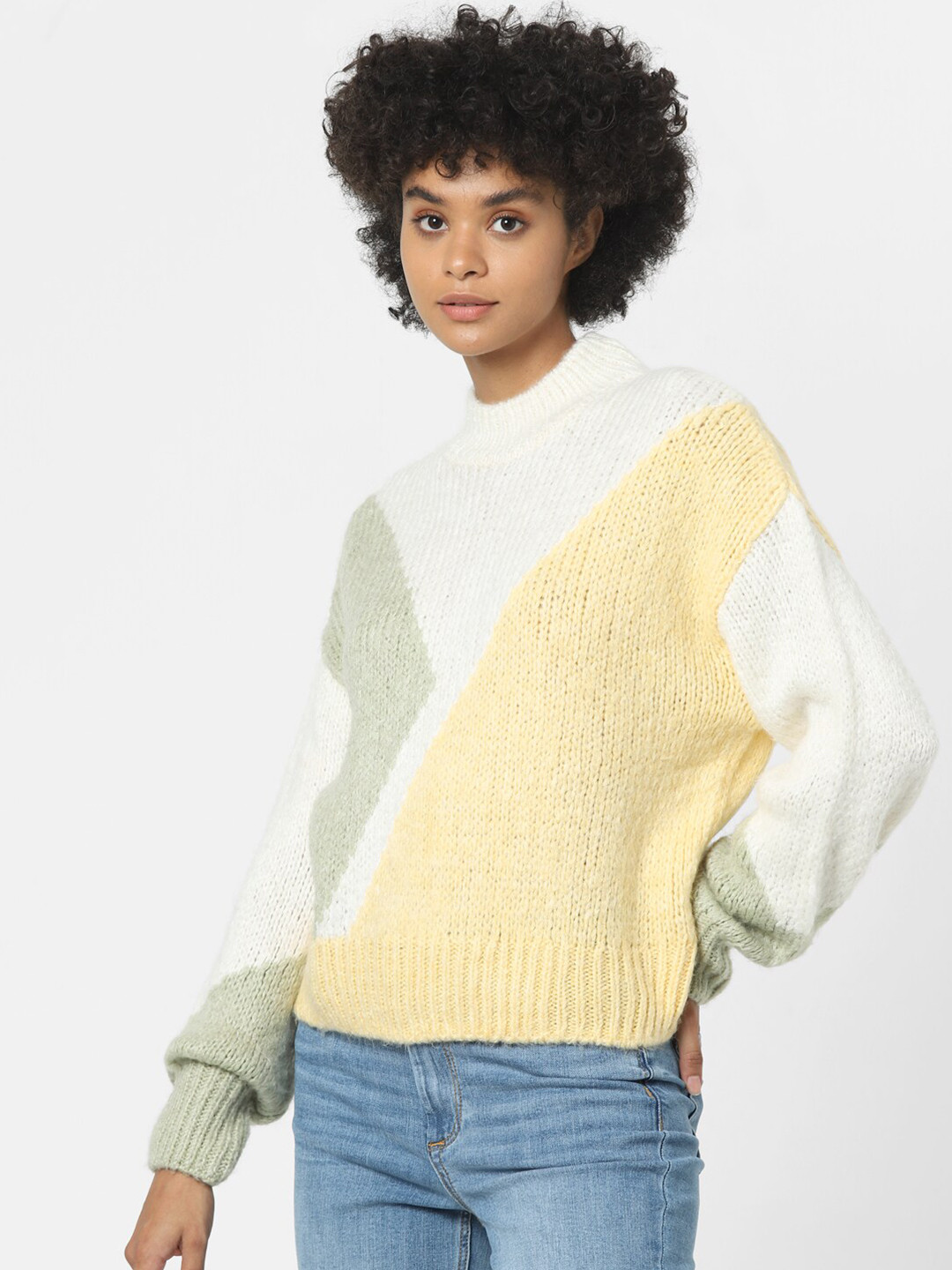 ONLY Women Yellow & Green Colourblocked Pullover Sweater