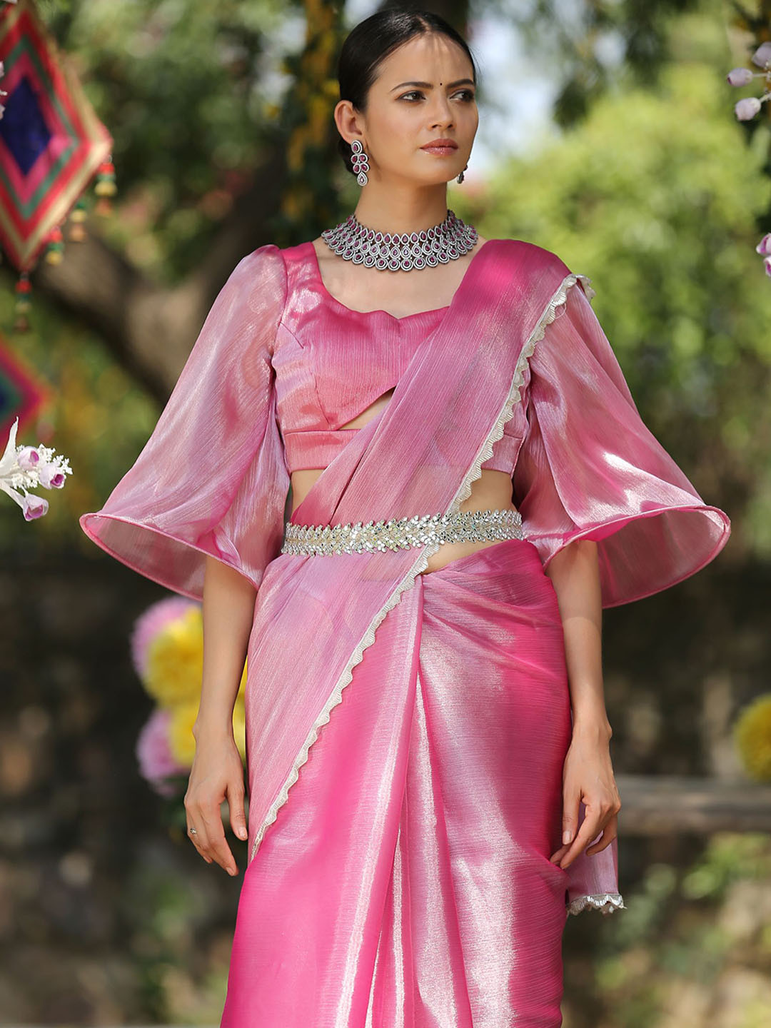 Swtantra Women Pink Solid Bell Sleeve Padded Saree Blouse