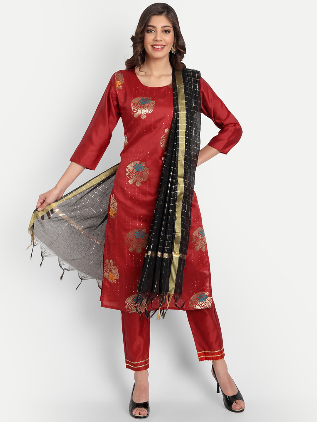 VredeVogel Women Maroon Floral Striped Kurti with Trousers & Dupatta