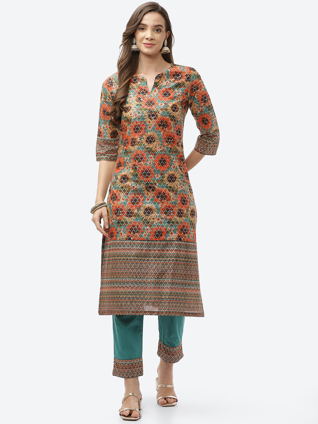 Biba Women Green, Orange Floral Printed Kurta with Trousers