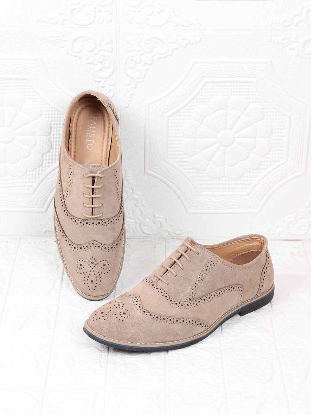 FAUSTO Men Beige Perforations Suede Brogues