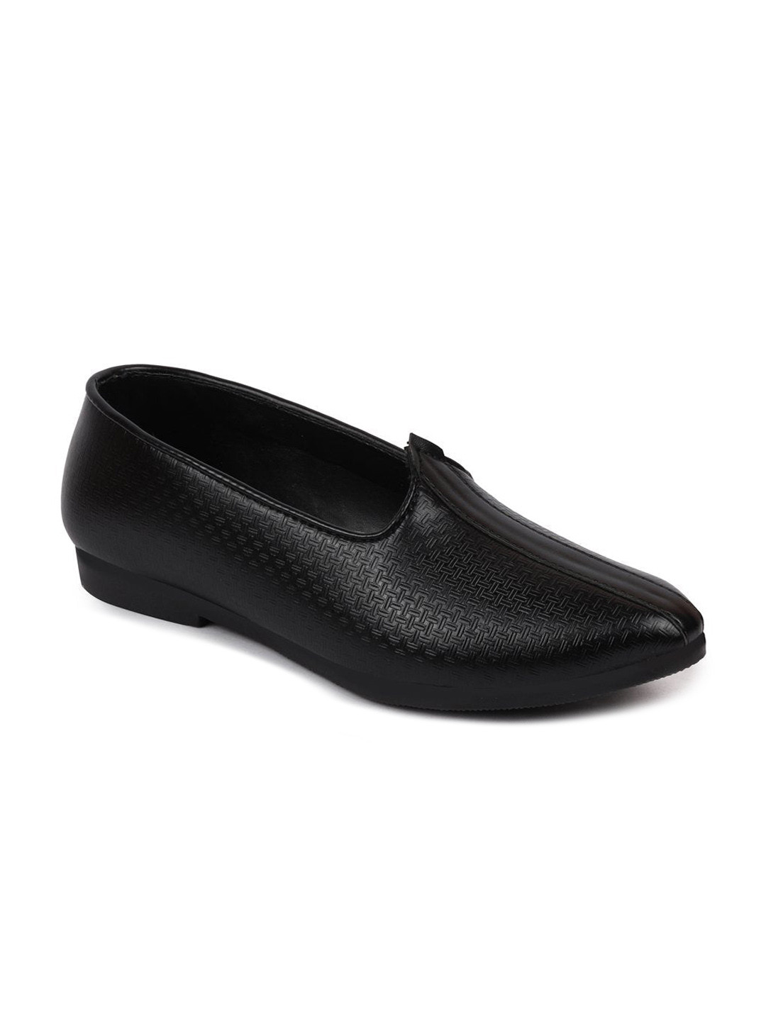 FAUSTO Men Black Textured PU Slip-On Mojari